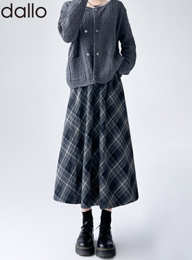 毛呢格子半身裙子女秋冬新款复古高腰中长款a字伞裙春秋2025新款