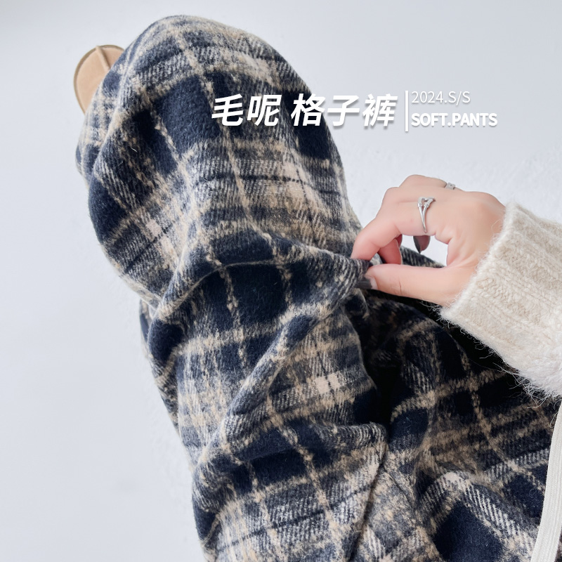加绒毛呢格子裤女冬复古慵懒百搭