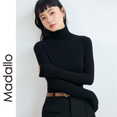 黑色高领打底衫 堆堆领含羊毛衣上衣 针织长袖 2025新款 女春秋冬修身