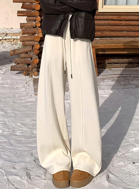 白色裤子女2026新款秋冬加绒加厚糯米裤直筒阔腿休闲弯刀运动卫裤