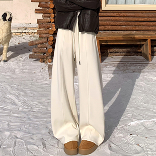 白色裤子女2026新款秋冬加绒加厚糯米裤直筒阔腿休闲弯刀运动卫裤