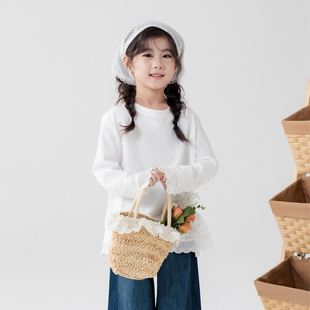 哈依鲁2026秋冬季女童纯棉长袖T恤儿童中大童白色蕾丝花边打底衫