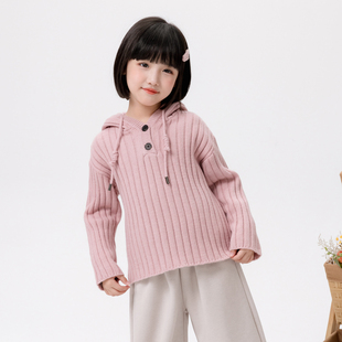 哈依鲁2026冬季新款女童针织衫儿童中童纯色连帽时尚洋气打底毛衣