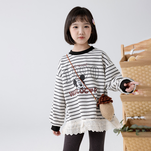 哈依鲁2026春秋季新款女童条纹卫衣儿童中大童宽松纯棉中长款上衣