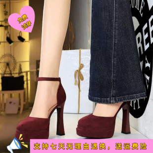 韩版中空气质浅口女鞋圆头绒面超高跟鞋粗跟防水台一字带凉鞋