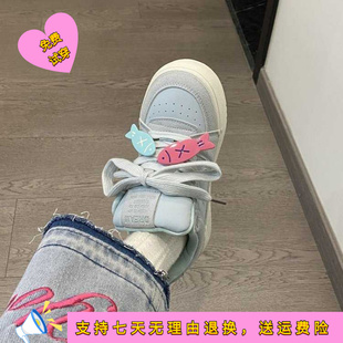 国潮小众原创小鱼面包鞋女春季新款厚底皮面小白鞋板鞋子