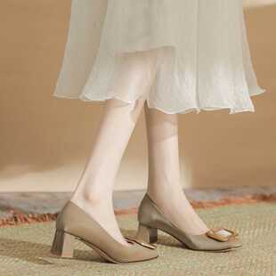 -方头高跟鞋女高丝光绒面羊皮鞋垫气质女鞋方扣法式粗跟单鞋