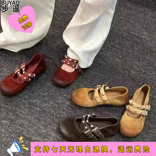 牛皮版复古风玛丽珍鞋内增高女鞋春夏季新款圆头一字扣单鞋子