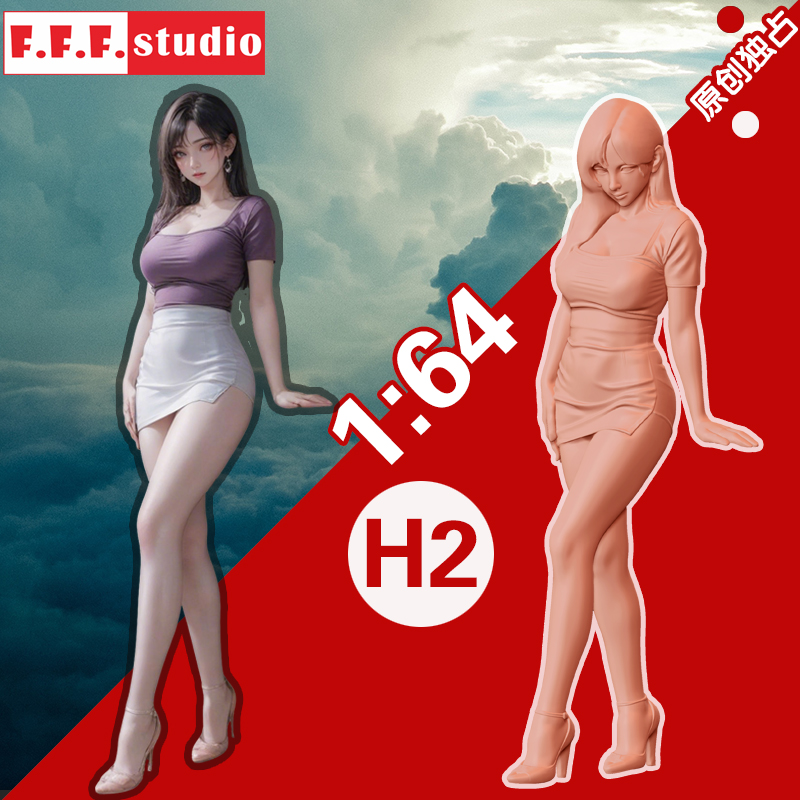 H2微缩模型:1/64比例小人偶 站姿靠车扶台 性感美女树脂白模沙盘