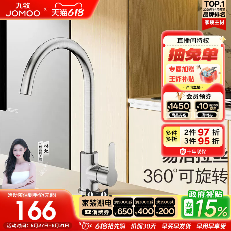 【政府补贴15%】九牧水龙头厨房不锈钢防溅冷热洗菜可旋转