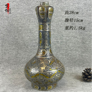 青铜器仿古摆件错金银蒜头瓶盛酒器圆尊中三王壶文化馆古玩收藏品