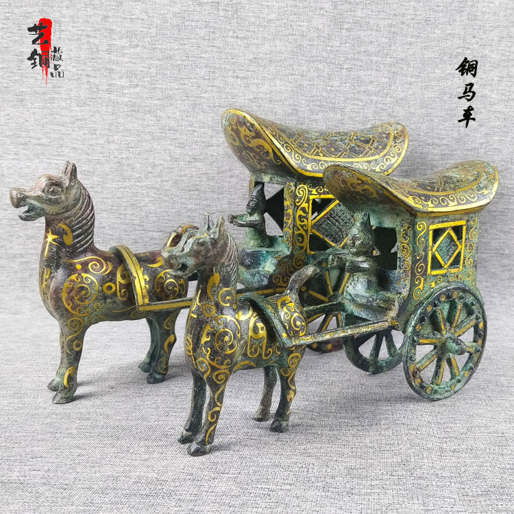 青铜器仿古摆件错金铜马车单马拉车汉代铜车马文物馆装饰古玩收藏