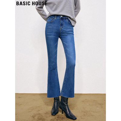百家好九分加绒微喇叭牛仔裤女