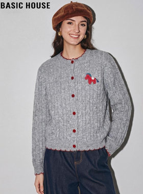 Basic House/百家好小马刺绣针织开衫女2026春季新款灰色绞花外套