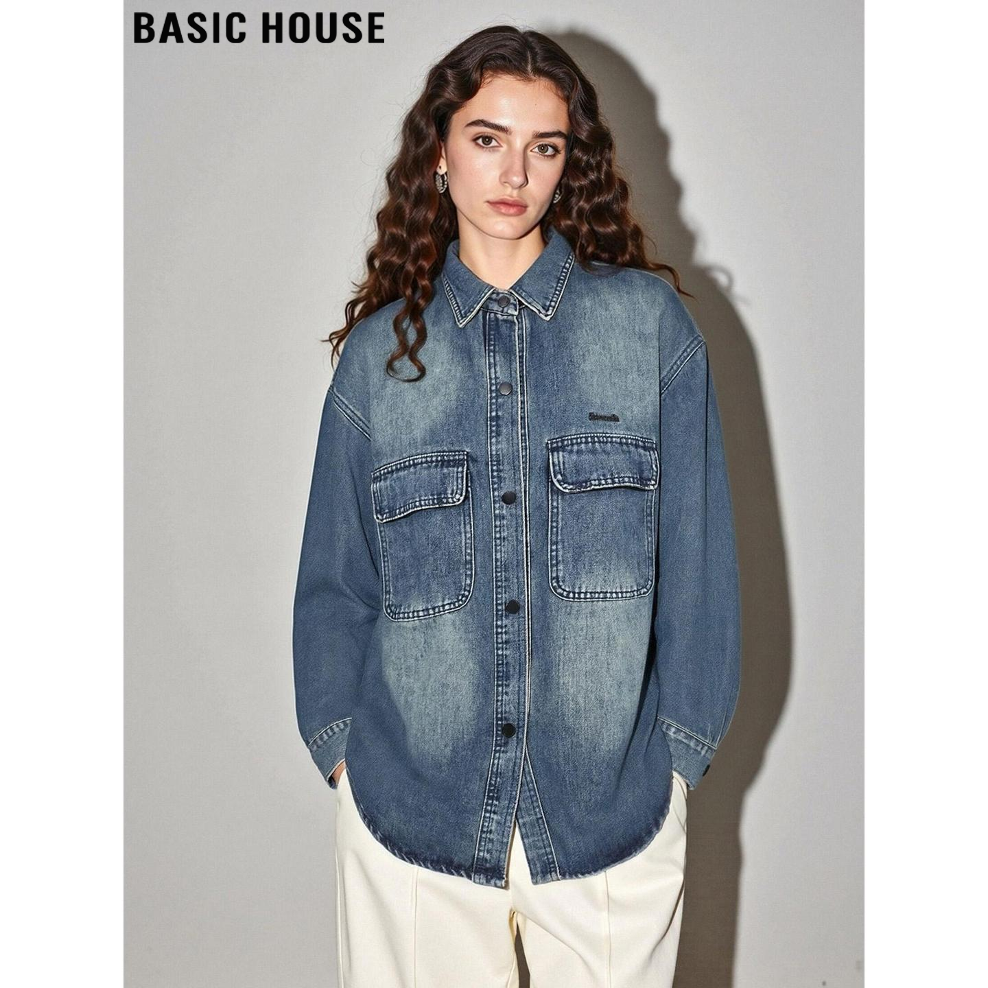 Basic House/百家好复古蓝色牛仔衬衫外套女2026春季新款宽松衬衣,女装/女士精品,衬衫,淘宝优惠券,粉丝福利购,淘宝优惠卷