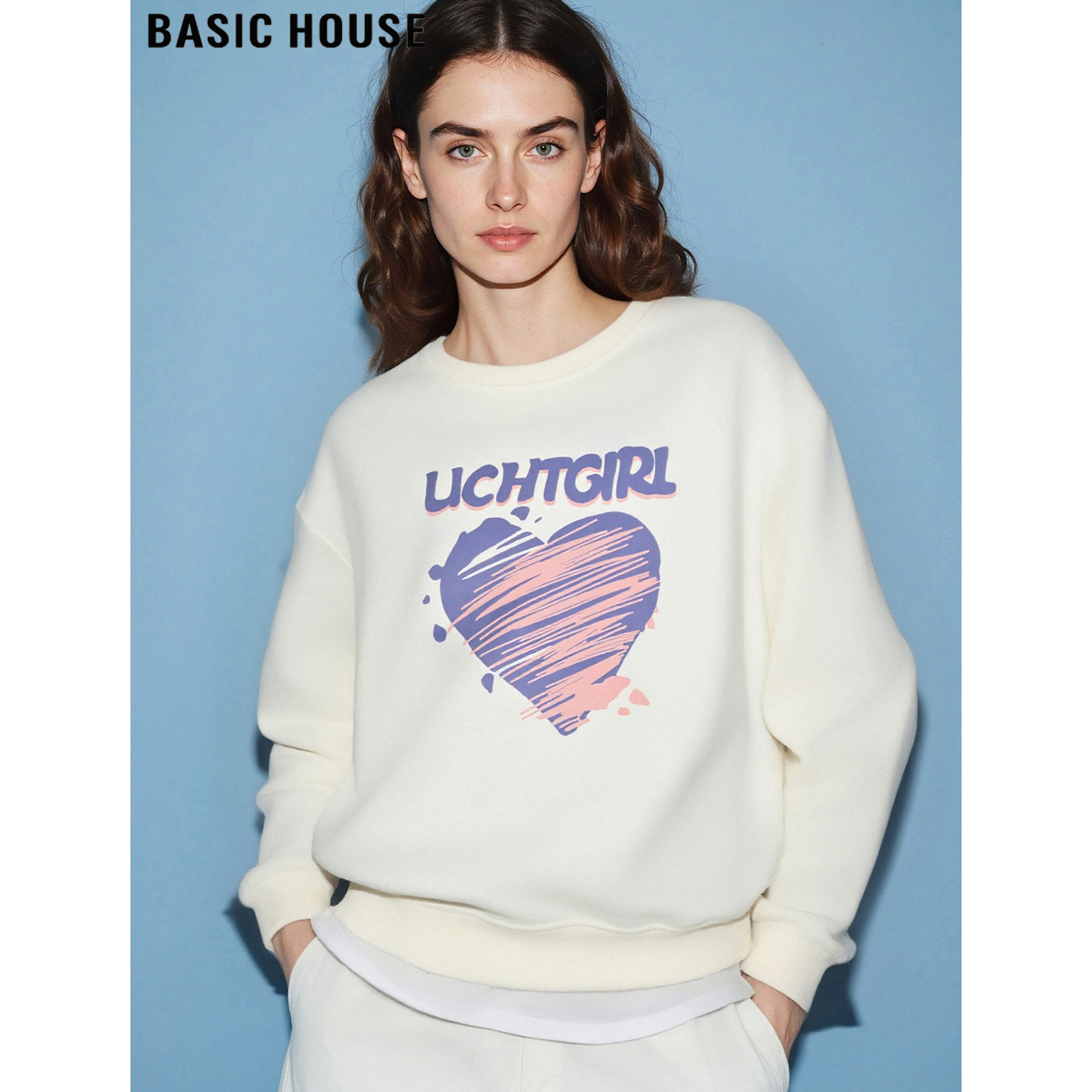 百家好假两件印花圆领卫衣慵懒风