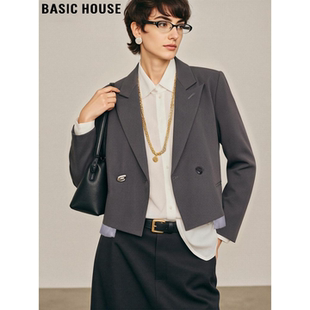 Basic House/百家好灰色西装外套女2026春季新款休闲穿搭短款西服