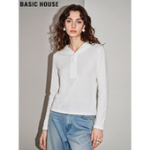 半拉链罩衫 Basic T恤女士2026春季 新款 House 百家好白色连帽长袖