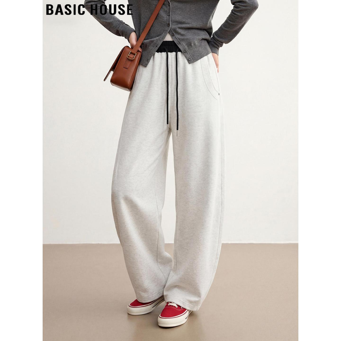 Basic House/百家好白色阔腿运动裤女2026春季新款宽松休闲弯刀裤,女装/女士精品,休闲裤,淘宝优惠券,粉丝福利购,淘宝优惠卷