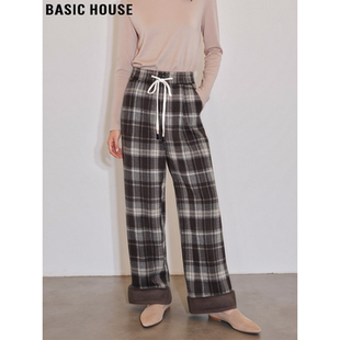 Basic House/百家好美拉德棕色复古格子阔腿裤女加绒直筒休闲裤子