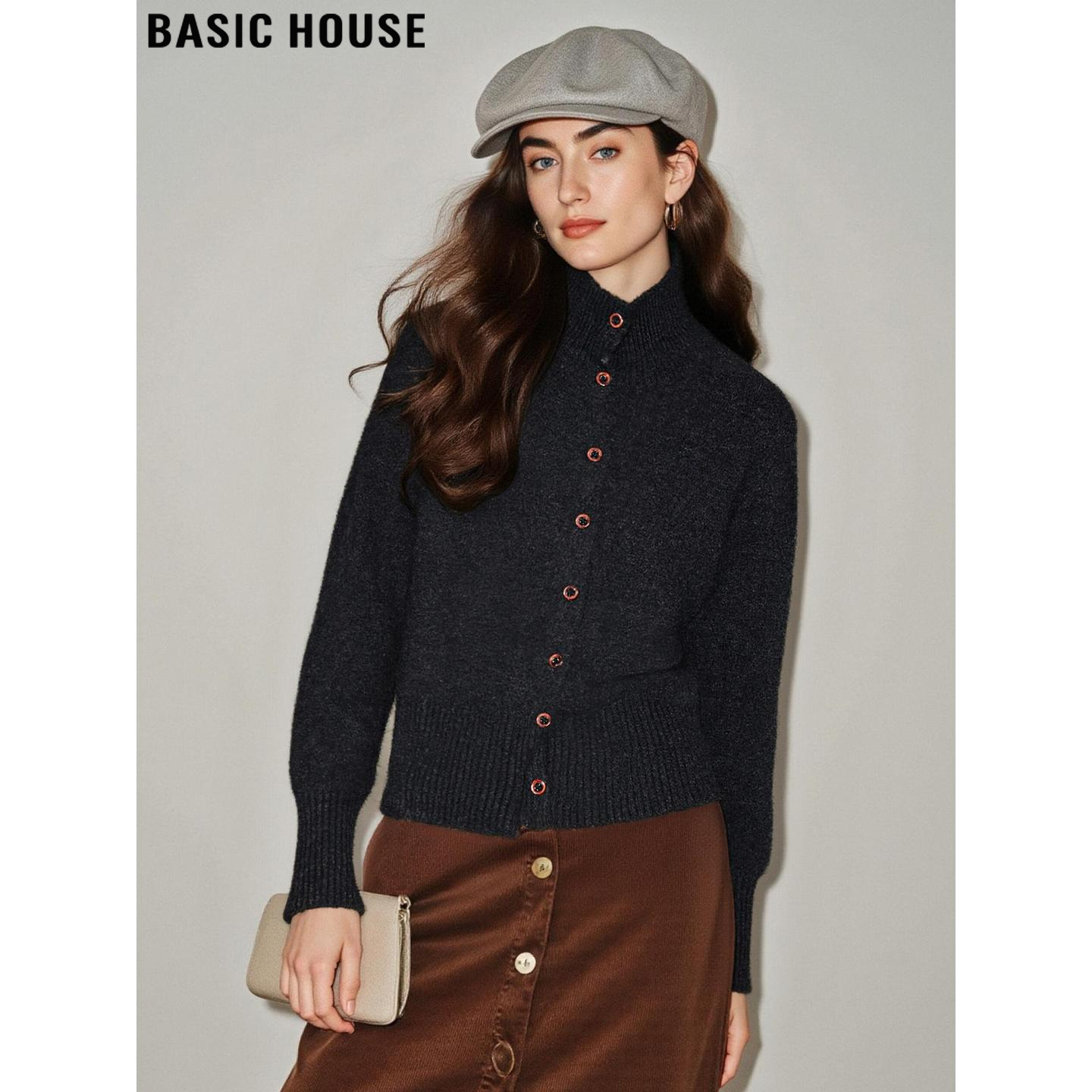 百家好灰色含羊毛半高领毛衣外套