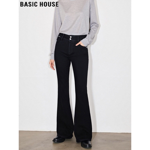 Basic House/百家好黑色微喇牛仔裤女冬季加绒加厚大码高腰喇叭裤
