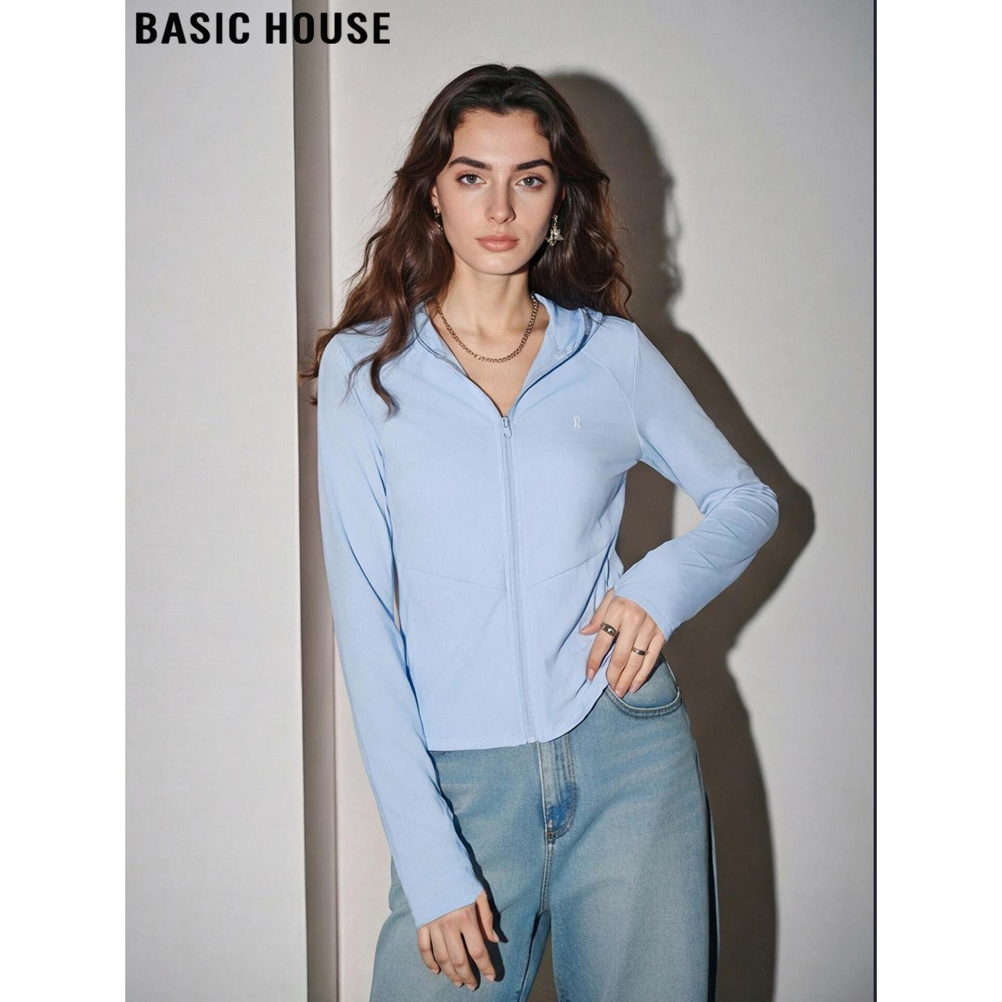 Basic House/百家好蓝色连帽防晒衣女2026春季新款休闲拉链外套,女装/女士精品,短外套,淘宝优惠券,粉丝福利购,淘宝优惠卷
