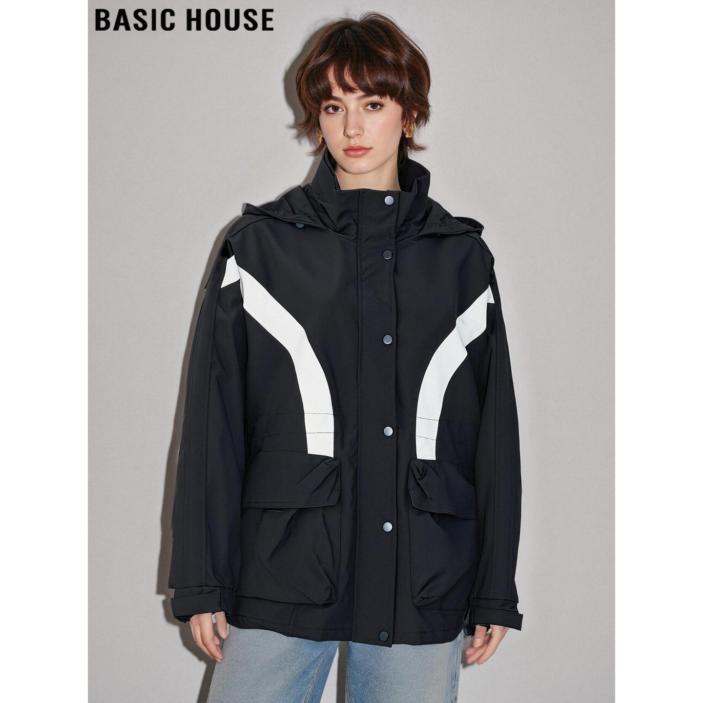 Basic House/百家好撞色连帽工装外套女士2026春季新款休闲运动服