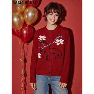 Basic House/百家好红色小马针织开衫女2026春季新款新年战袍上衣