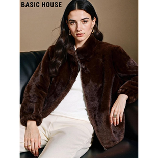 Basic House/百家好咖色皮毛一体环保皮草女冬季加厚保暖毛毛外套