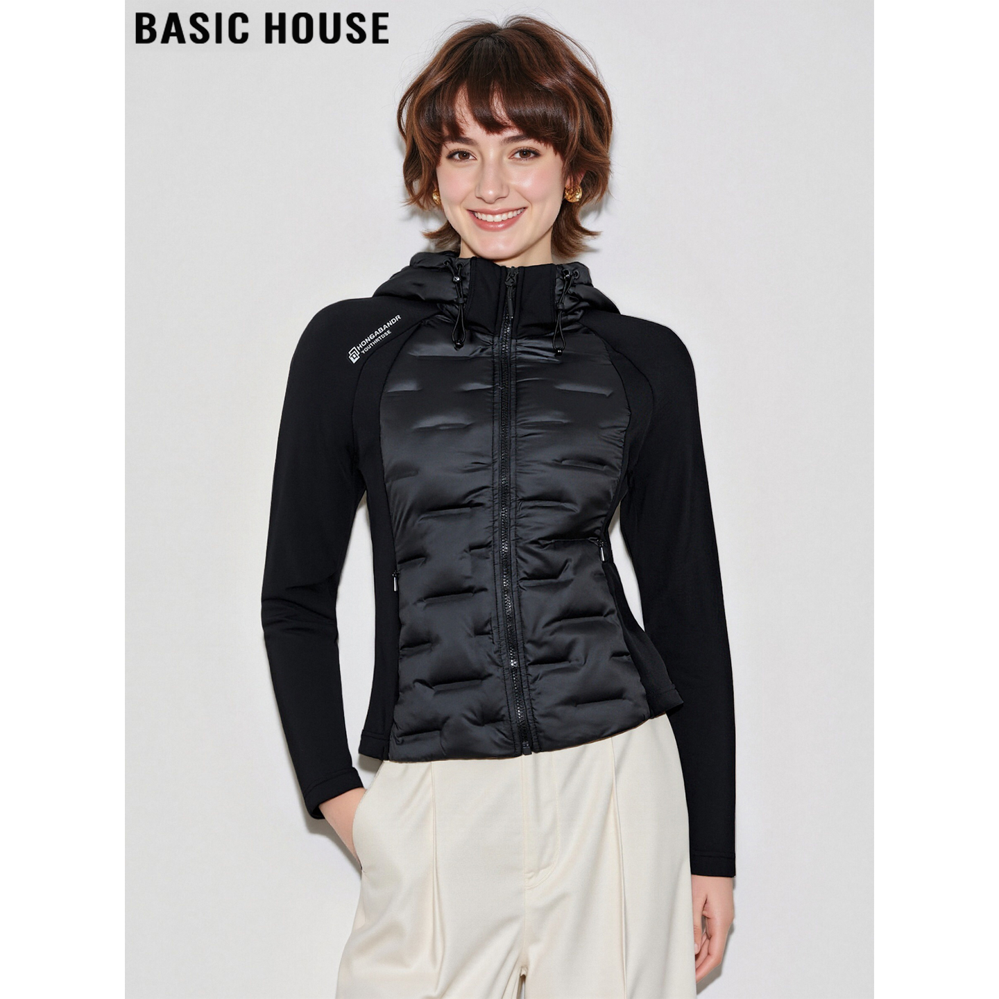 百家好黑色90鹅绒收腰连帽羽绒服