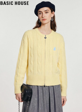 Basic House/百家好黄色绞花拉链开衫女2026春季新款小熊刺绣毛衣