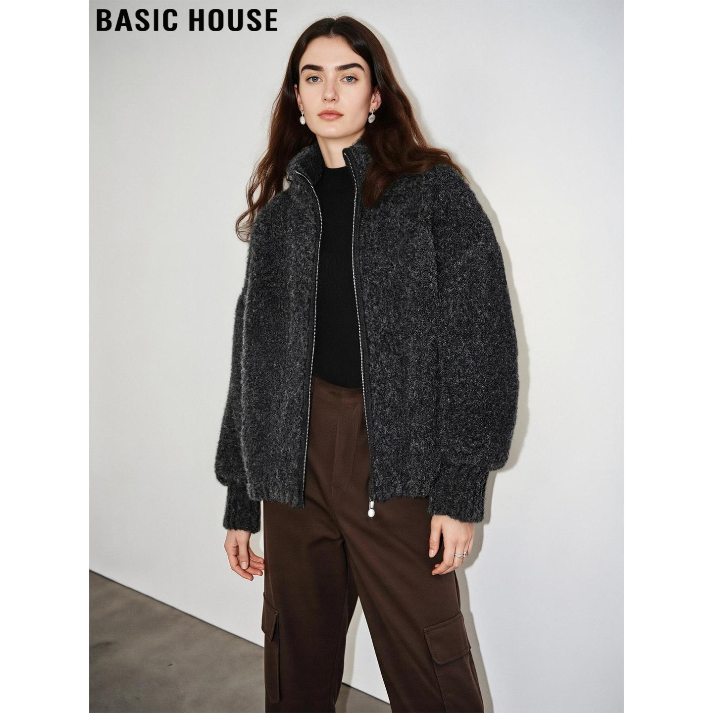 Basic House/百家好羊毛深灰立领针织衫女士冬季加绒加厚毛衣外套