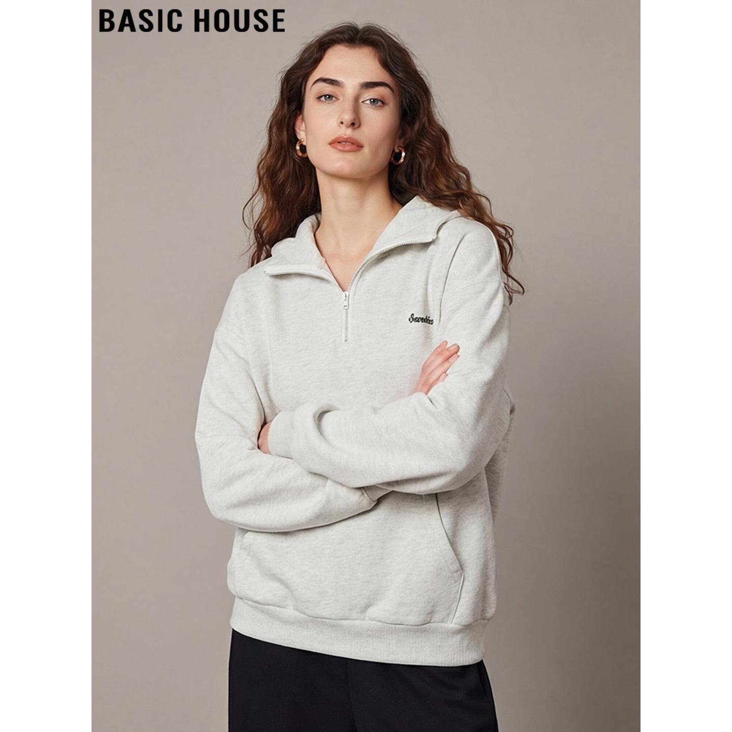 Basic House/百家好灰色半拉链卫衣女2026春季新款慵懒风连帽上衣