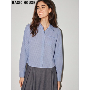 House 短款 百家好复古蓝色格子衬衫 新款 纯棉衬衣 女2026春季 Basic