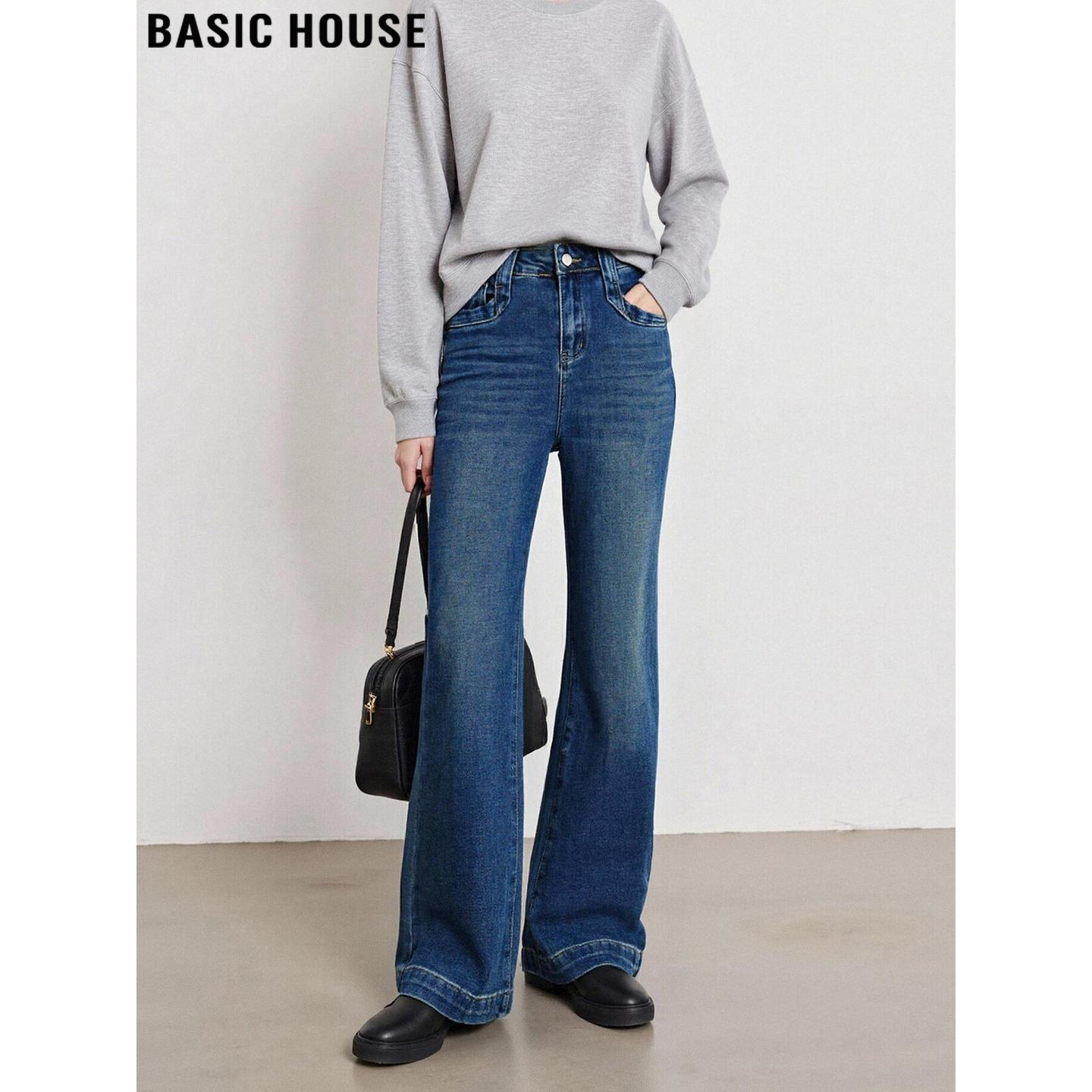 百家好美式深蓝微喇裤加绒牛仔裤