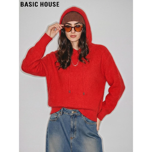 Basic House/百家好红色连帽针织衫女2026春季新款时尚慵懒风毛衣