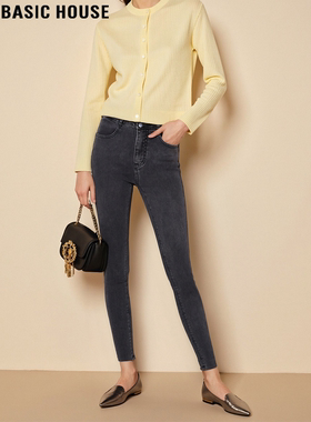 Basic House/百家好灰色九分牛仔裤女冬季加绒加厚高腰紧身小脚裤