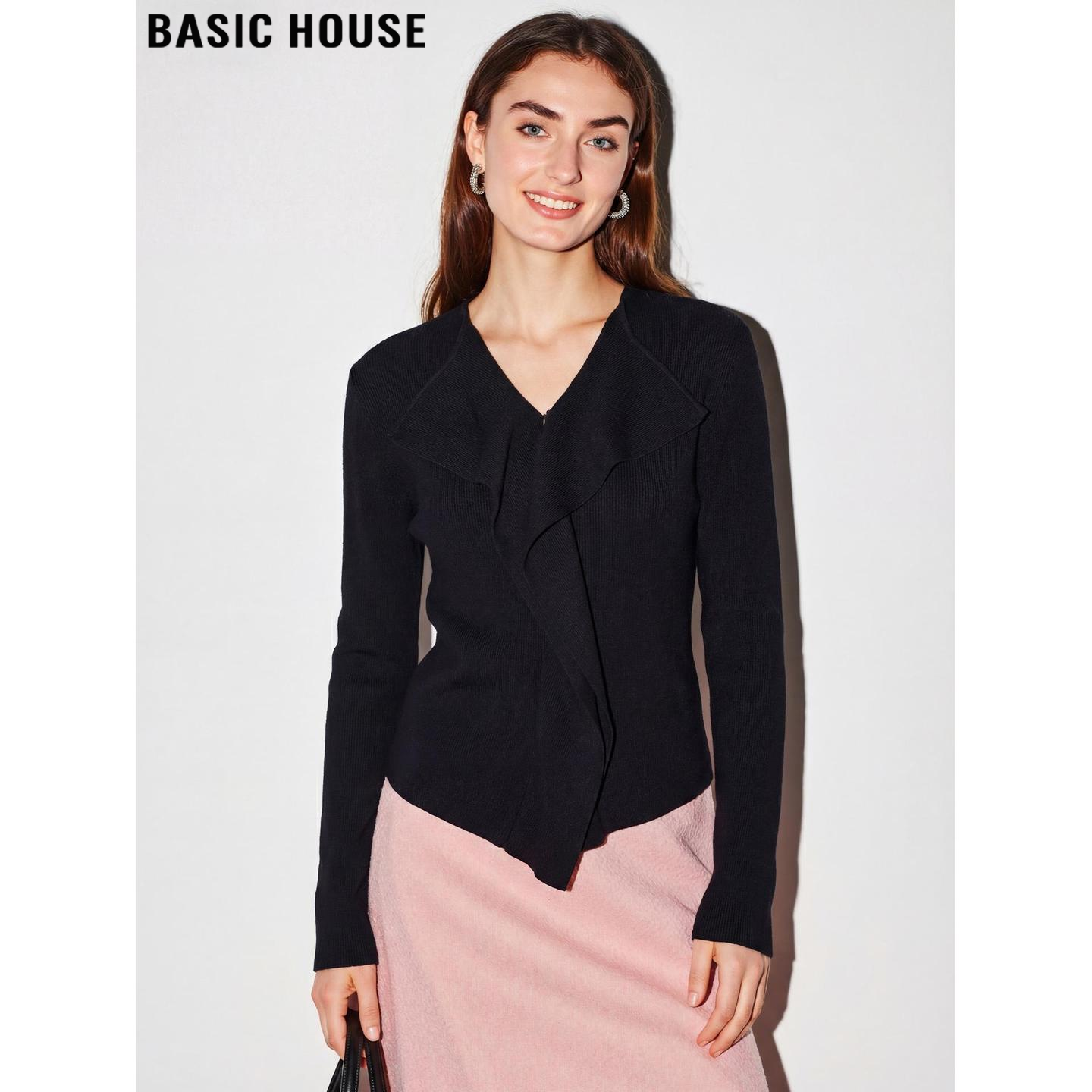 Basic House/百家好黑色V领针织衫女2026春季新款不规则下摆上衣,女装/女士精品,毛针织衫,淘宝优惠券,粉丝福利购,淘宝优惠卷
