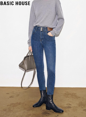 Basic House/百家好蓝色牛仔小脚裤女春季弹力修身显瘦高腰铅笔裤