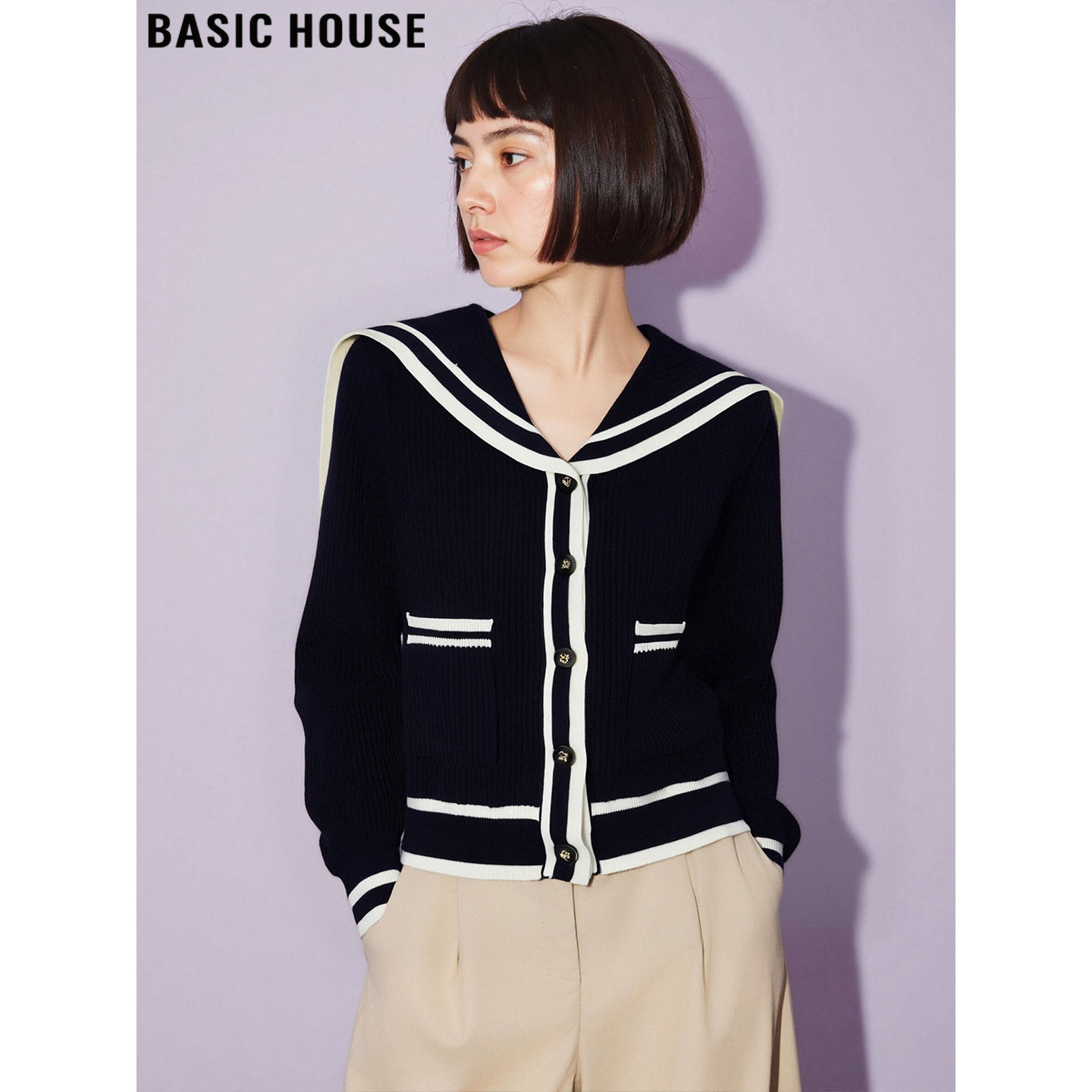 百家好设计感撞色海军领针织开衫