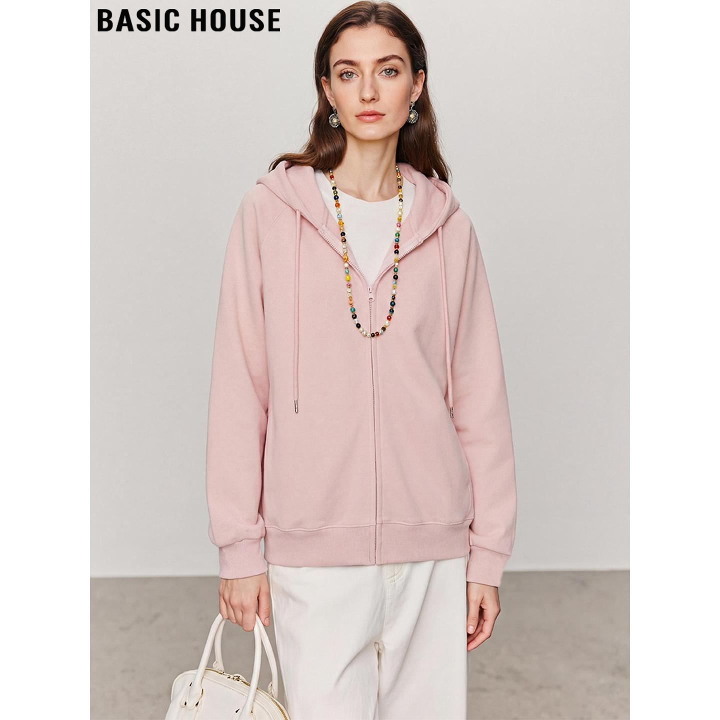 Basic House/百家好粉色连帽卫衣外套女2026春季新款宽松拉链开衫,女装/女士精品,卫衣/绒衫,淘宝优惠券,粉丝福利购,淘宝优惠卷