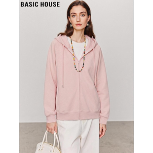 Basic House/百家好粉色连帽卫衣外套女2026春季新款宽松拉链开衫