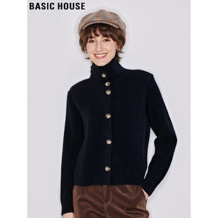 Basic House/百家好黑色100%羊毛单排扣高领毛衣外套女冬加厚上衣