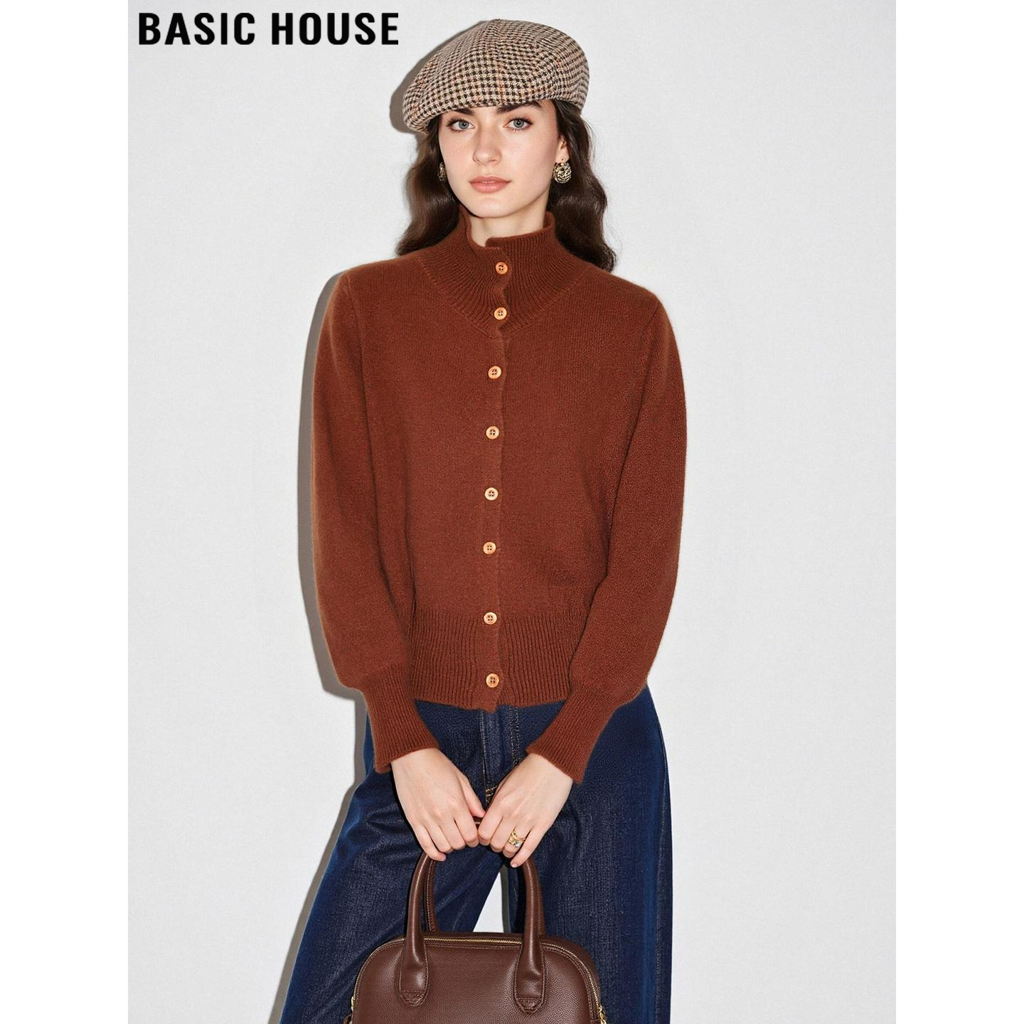 百家好美拉德咖色高领毛衣外套女