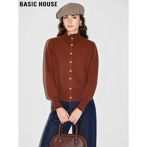 百家好美拉德咖色高领毛衣外套女