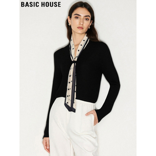 法式 Basic 女士2026春季 百家好黑色V领针织衫 气质内搭上衣 House