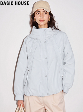 Basic House/百家好白色连帽棉服外套女冬季宽松加厚保暖夹克上衣