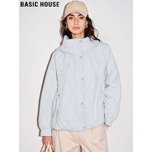 Basic House/百家好白色连帽棉服外套女冬季宽松加厚保暖夹克上衣