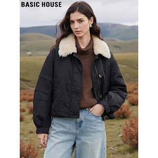 Basic House/百家好90鸭绒黑色毛绒翻领羽绒服女士高级感加厚外套